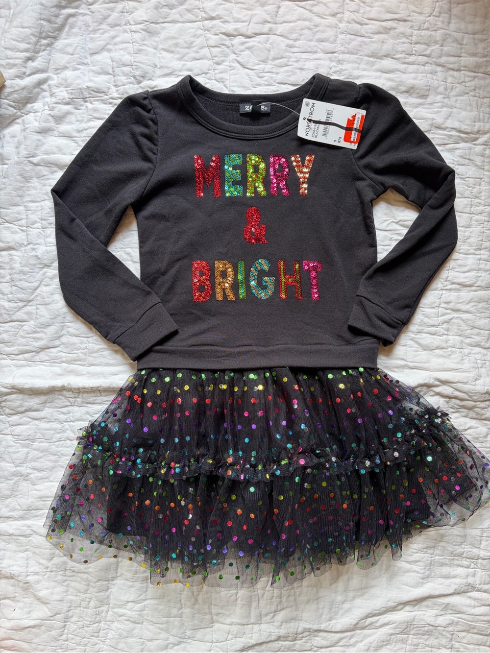 Holiday 'MERRY & BRIGHT' Sequin Dress with Tulle Skirt